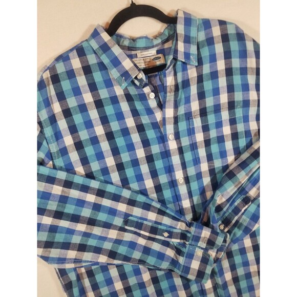 Old Navy Mens Blue Plaid Shirt Button Up Collared Long Sleeve XXL Cotton Linen - Picture 1 of 13